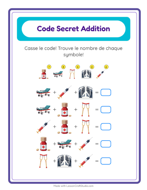 Aperçu de la fiche Addition Codée avec Hôpital pour École maternelle (grande section, 5-7 ans)
