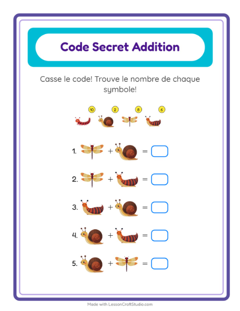 Aperçu de la fiche Addition Codée avec Insectes et bestioles pour École maternelle (grande section, 5-7 ans)