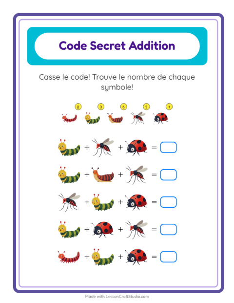 Aperçu de la fiche Addition Codée avec Insectes et bestioles pour École maternelle (grande section, 5-7 ans)