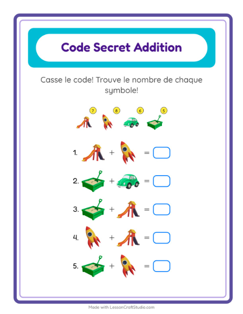 Aperçu de la fiche Addition Codée avec Jouets pour École maternelle (grande section, 5-7 ans)