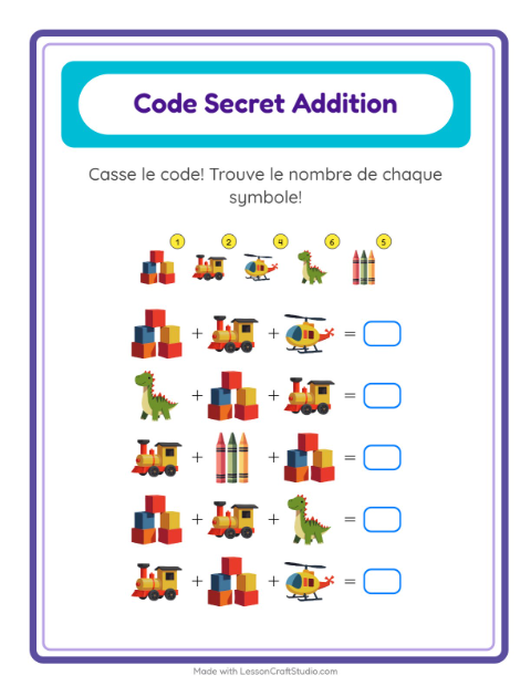 Aperçu de la fiche Addition Codée avec Jouets pour École maternelle (grande section, 5-7 ans)