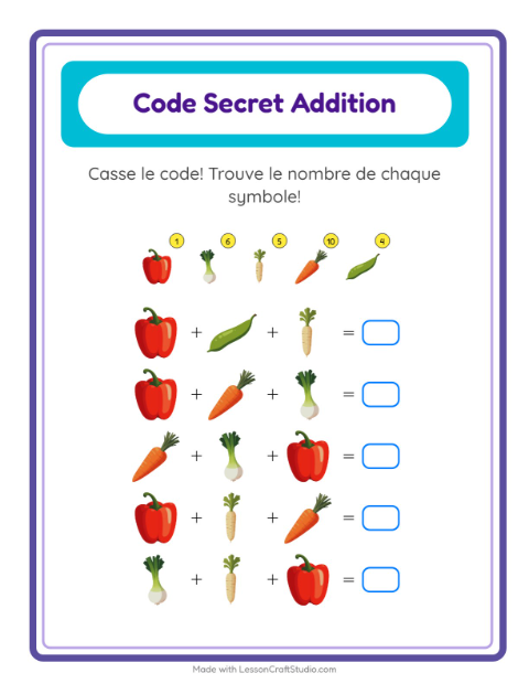 Aperçu de la fiche Addition Codée avec Légumes pour École maternelle (grande section, 5-7 ans)