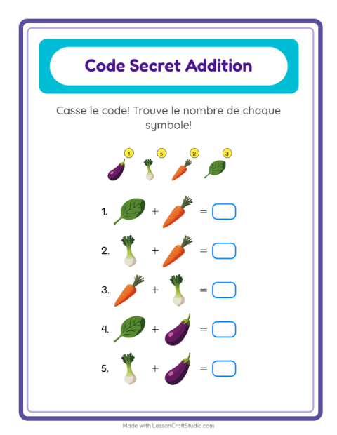 Aperçu de la fiche Addition Codée avec Légumes pour École maternelle (grande section, 5-7 ans)