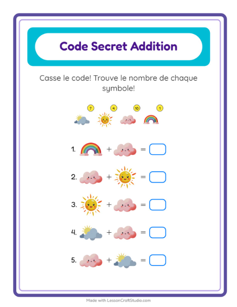 Aperçu de la fiche Addition Codée avec Météo pour École maternelle (grande section, 5-7 ans)