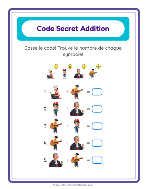 Aperçu de la fiche Addition Codée avec Métiers pour École maternelle (grande section, 5-7 ans)