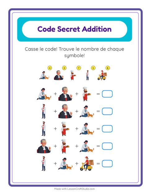 Aperçu de la fiche Addition Codée avec Métiers pour École maternelle (grande section, 5-7 ans)