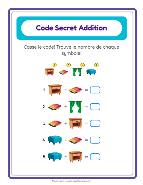 Aperçu de la fiche Addition Codée avec Meubles pour École maternelle (grande section, 5-7 ans)