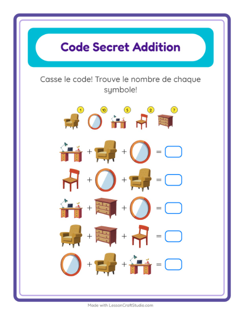 Aperçu de la fiche Addition Codée avec Meubles pour École maternelle (grande section, 5-7 ans)