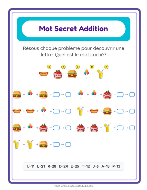 Aperçu de la fiche Addition Codée avec 4 juillet pour École maternelle (grande section, 5-7 ans)