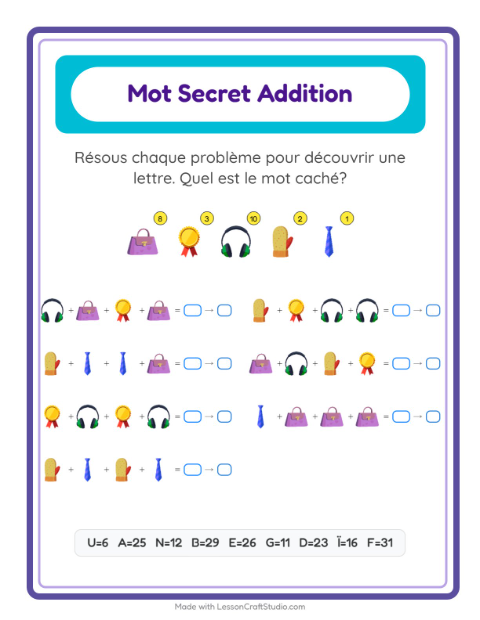 Aperçu de la fiche Addition Codée avec Accessoires pour École maternelle (grande section, 5-7 ans)