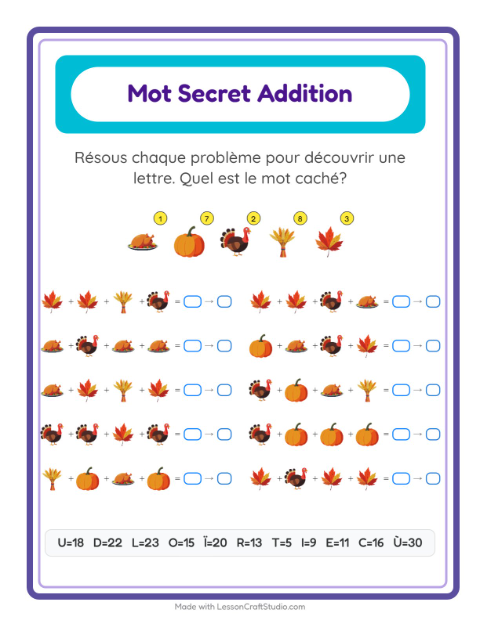 Aperçu : Mot secret codé CE1 : Action de grâce – fiche à imprimer