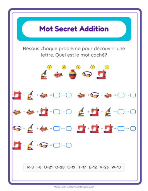 Aperçu de la fiche Addition Codée avec Activités pour École maternelle (grande section, 5-7 ans)