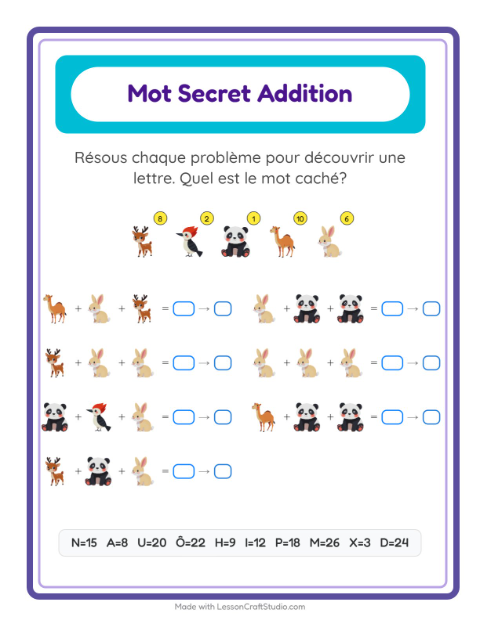 Aperçu de la fiche Addition Codée avec Animaux pour École maternelle (grande section, 5-7 ans)