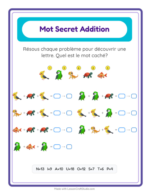 Aperçu de la fiche Addition Codée avec Animaux de compagnie pour École maternelle (grande section, 5-7 ans)
