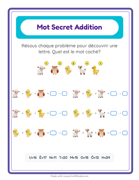 Aperçu de la fiche Addition Codée avec Animaux de la ferme pour École maternelle (grande section, 5-7 ans)