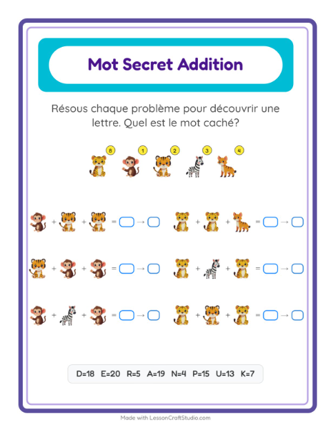 Aperçu de la fiche Addition Codée avec Animaux du zoo pour École maternelle (grande section, 5-7 ans)