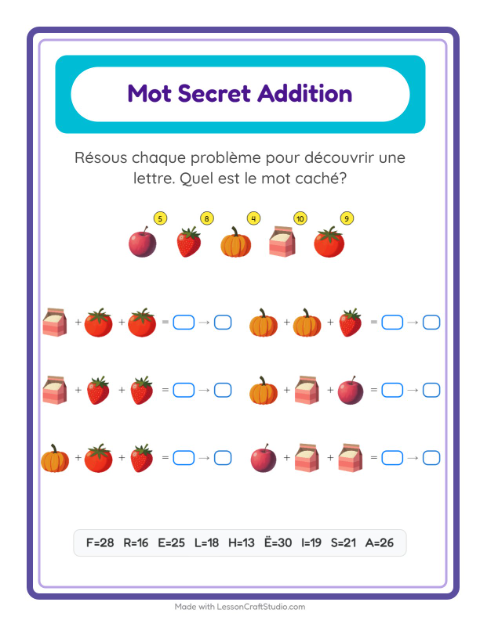 Aperçu de la fiche Addition Codée avec Au supermarché pour École maternelle (grande section, 5-7 ans)