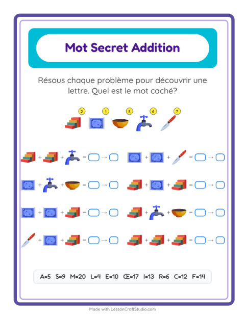 Aperçu de la fiche Addition Codée avec Autour de la maison pour École maternelle (grande section, 5-7 ans)