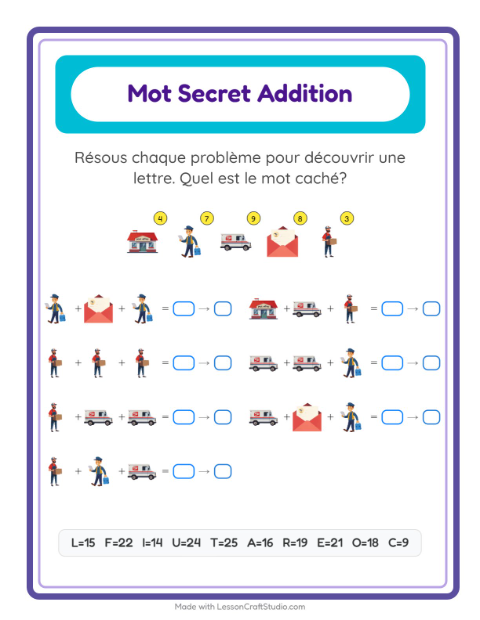 Aperçu de la fiche Addition Codée avec Bureau de poste pour École maternelle (grande section, 5-7 ans)