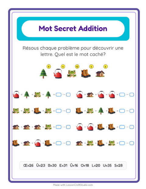 Aperçu de la fiche Addition Codée avec Camping pour École maternelle (grande section, 5-7 ans)