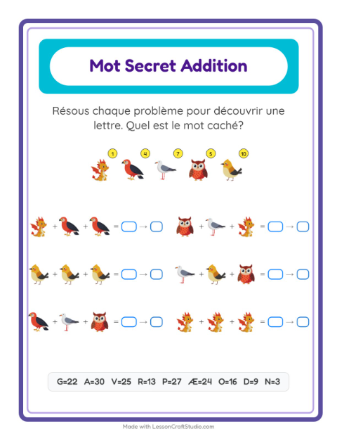 Aperçu de la fiche Addition Codée avec Choses qui volent pour École maternelle (grande section, 5-7 ans)