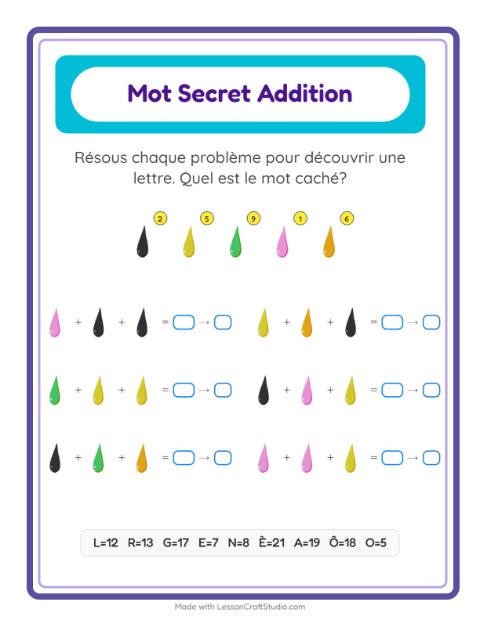 Aperçu de la fiche Addition Codée avec Couleurs pour École maternelle (grande section, 5-7 ans)