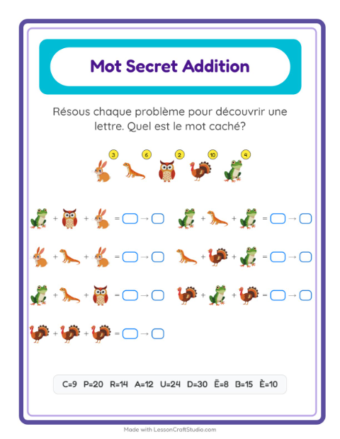 Aperçu de la fiche Addition Codée avec Créatures de la forêt pour École maternelle (grande section, 5-7 ans)