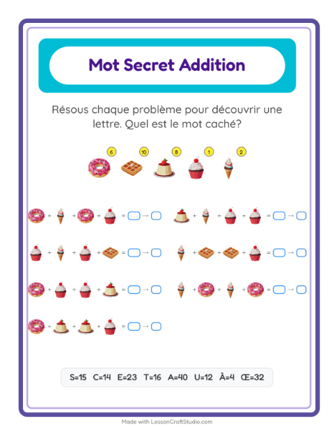 Aperçu de la fiche Addition Codée avec Desserts et sucreries pour École maternelle (grande section, 5-7 ans)