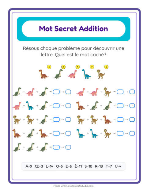 Aperçu de la fiche Addition Codée avec Dinosaures pour École maternelle (grande section, 5-7 ans)