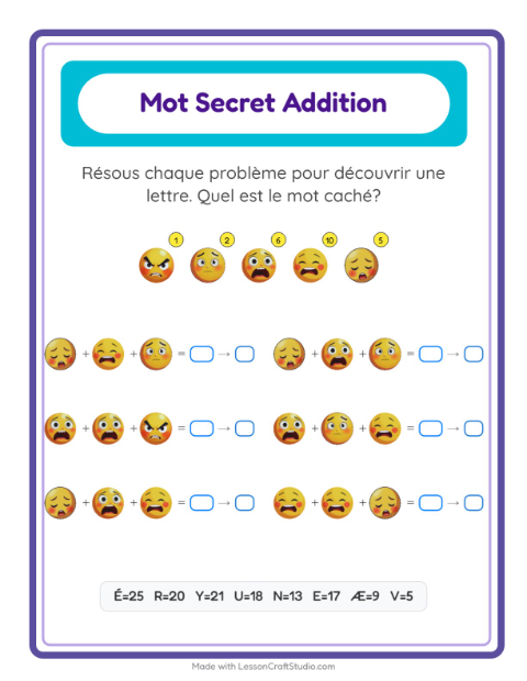 Aperçu de la fiche Addition Codée avec Émotions pour École maternelle (grande section, 5-7 ans)