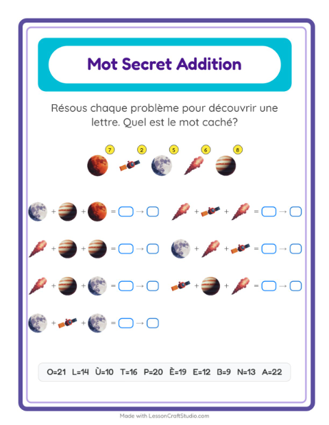 Aperçu de la fiche Addition Codée avec Espace pour École maternelle (grande section, 5-7 ans)