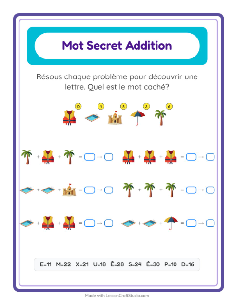 Aperçu de la fiche Addition Codée avec Été pour École maternelle (grande section, 5-7 ans)