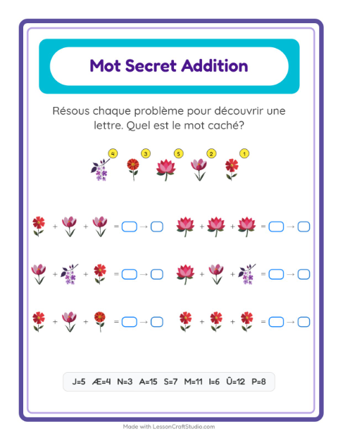 Aperçu de la fiche Addition Codée avec Fleurs pour École maternelle (grande section, 5-7 ans)