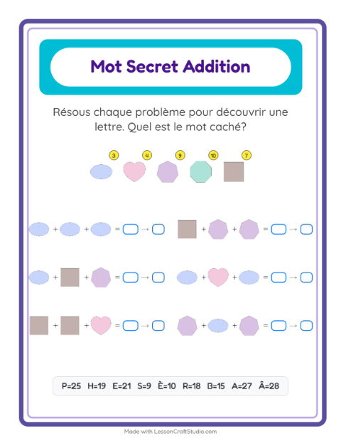 Aperçu de la fiche Addition Codée avec Formes pour École maternelle (grande section, 5-7 ans)