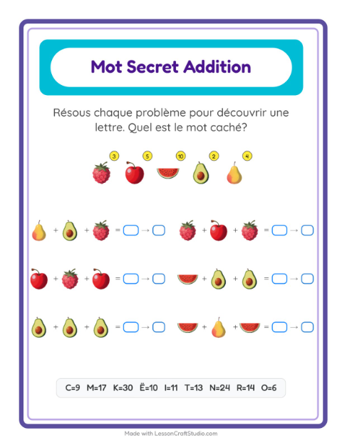 Aperçu de la fiche Addition Codée avec Fruits pour École maternelle (grande section, 5-7 ans)