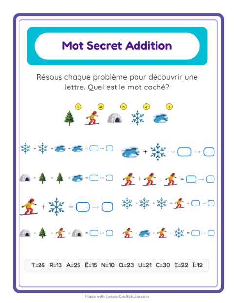 Aperçu de la fiche Addition Codée avec Hiver pour École maternelle (grande section, 5-7 ans)