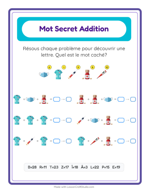 Aperçu de la fiche Addition Codée avec Hôpital pour École maternelle (grande section, 5-7 ans)