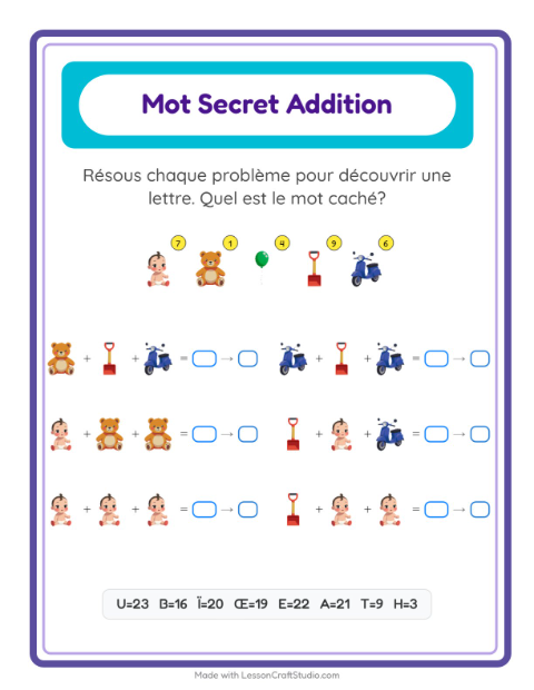 Aperçu de la fiche Addition Codée avec Jouets pour École maternelle (grande section, 5-7 ans)
