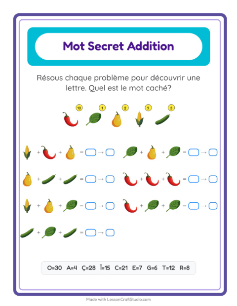 Aperçu de la fiche Addition Codée avec Légumes pour École maternelle (grande section, 5-7 ans)