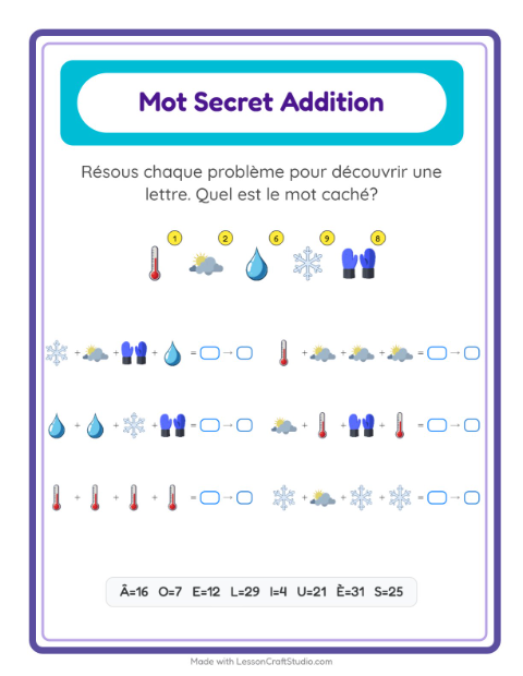 Aperçu de la fiche Addition Codée avec Météo pour École maternelle (grande section, 5-7 ans)