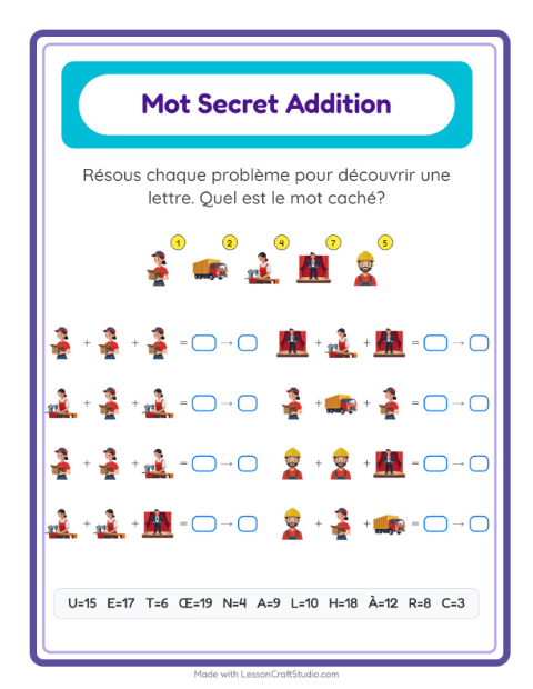Aperçu de la fiche Addition Codée avec Métiers pour École maternelle (grande section, 5-7 ans)