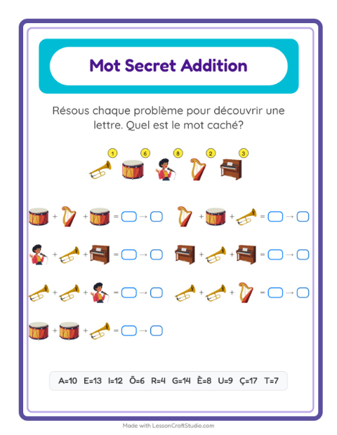 Aperçu de la fiche Addition Codée avec Musique pour École maternelle (grande section, 5-7 ans)