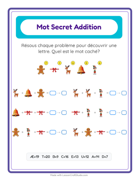 Aperçu de la fiche Addition Codée avec Noël pour École maternelle (grande section, 5-7 ans)