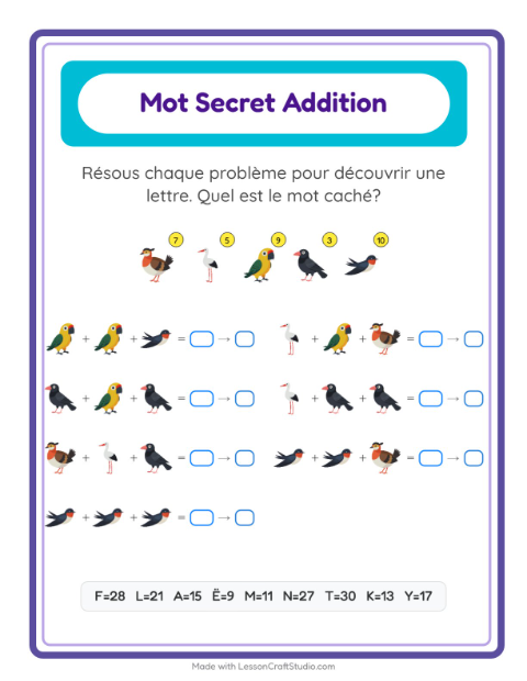 Aperçu de la fiche Addition Codée avec Oiseaux 2 pour École maternelle (grande section, 5-7 ans)