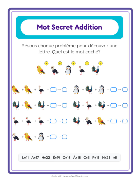 Aperçu de la fiche Addition Codée avec Oiseaux pour École maternelle (grande section, 5-7 ans)