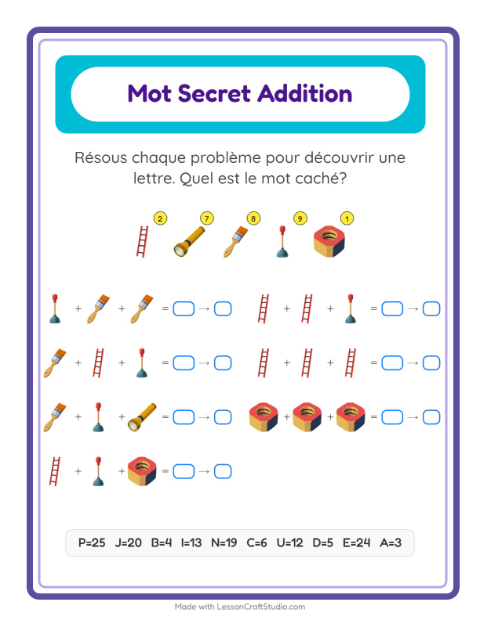 Aperçu de la fiche Addition Codée avec Outils pour École maternelle (grande section, 5-7 ans)