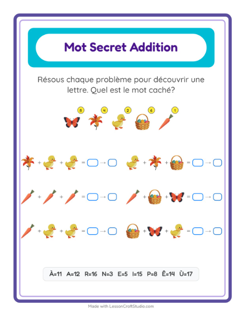 Aperçu de la fiche Addition Codée avec Pâques pour École maternelle (grande section, 5-7 ans)