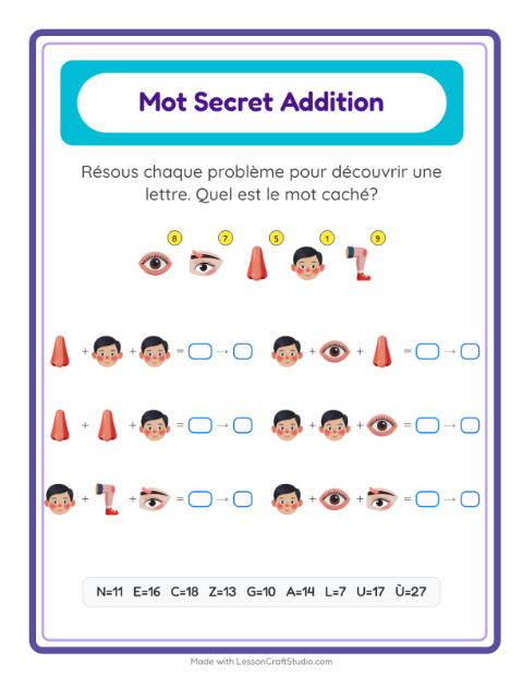 Aperçu de la fiche Addition Codée avec Parties du corps pour École maternelle (grande section, 5-7 ans)