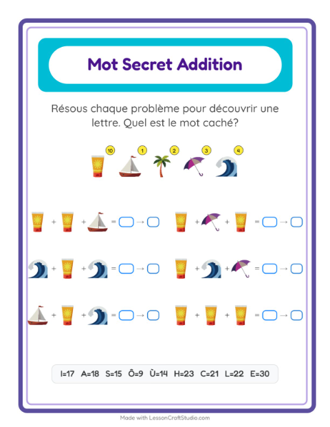 Aperçu de la fiche Addition Codée avec Plage pour École maternelle (grande section, 5-7 ans)