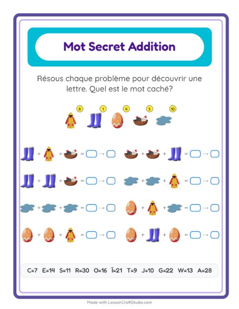 Aperçu de la fiche Addition Codée avec Printemps pour École maternelle (grande section, 5-7 ans)